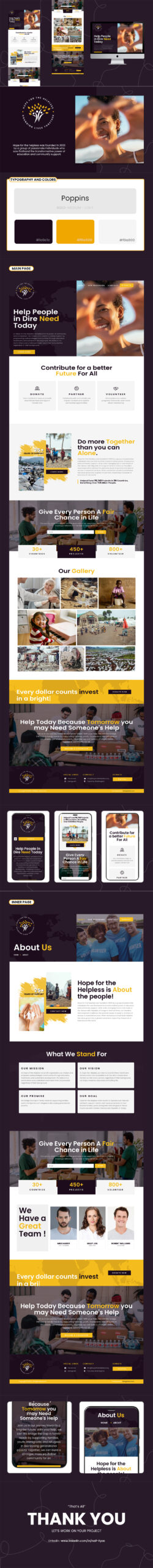 Charity organization website layout showcasing mission and projects